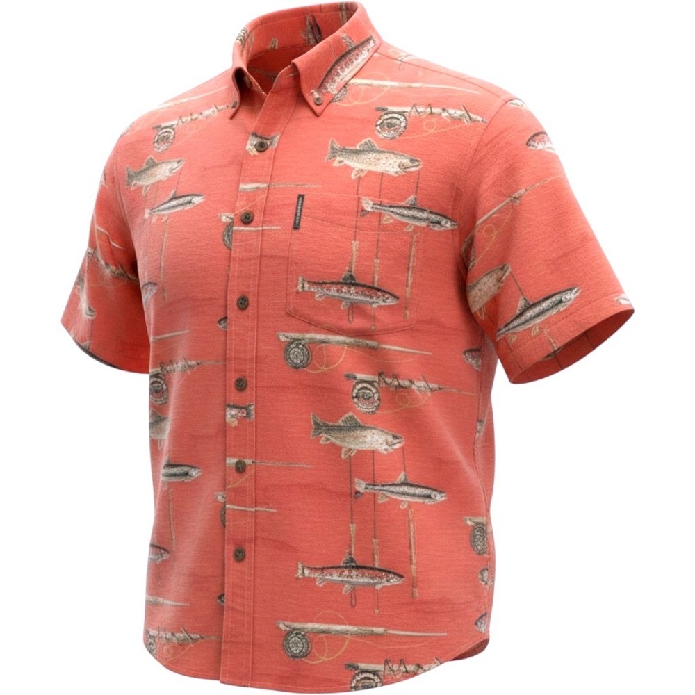 North River Outfitters ~ Fly Fishing Shirt~ Men Large~Coral Trout Rod Print~VTG.